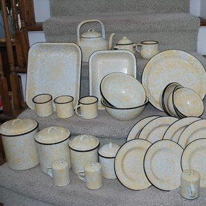 CGS International Splatter Enamelware. White and yellow.  Approx. 35 piece set